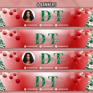May include: Four Christmas-themed banners with a red and white gradient background. Each banner features a woman's portrait, a Christmas tree, ornaments, and the text "DT Deorra Taylor". Social media icons and a "SUBSCRIBE" button are also included.