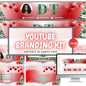 Könnte beinhalten: Ein YouTube-Branding-Kit mit Weihnachtsmotiv. Das Design zeigt ein rot-weißes Farbschema mit Weihnachtsbäumen, Ornamenten und dem Text "YOUTUBE BRANDING KIT EDITABLE IN CANVA FREE". Enthält Social-Media-Symbole und ein Computerbildschirm-Mockup.