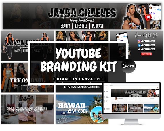 TRENDY Youtube Branding Kit | Editable Banner, Intro & Outro and Thumbnails | Editable Canva Template