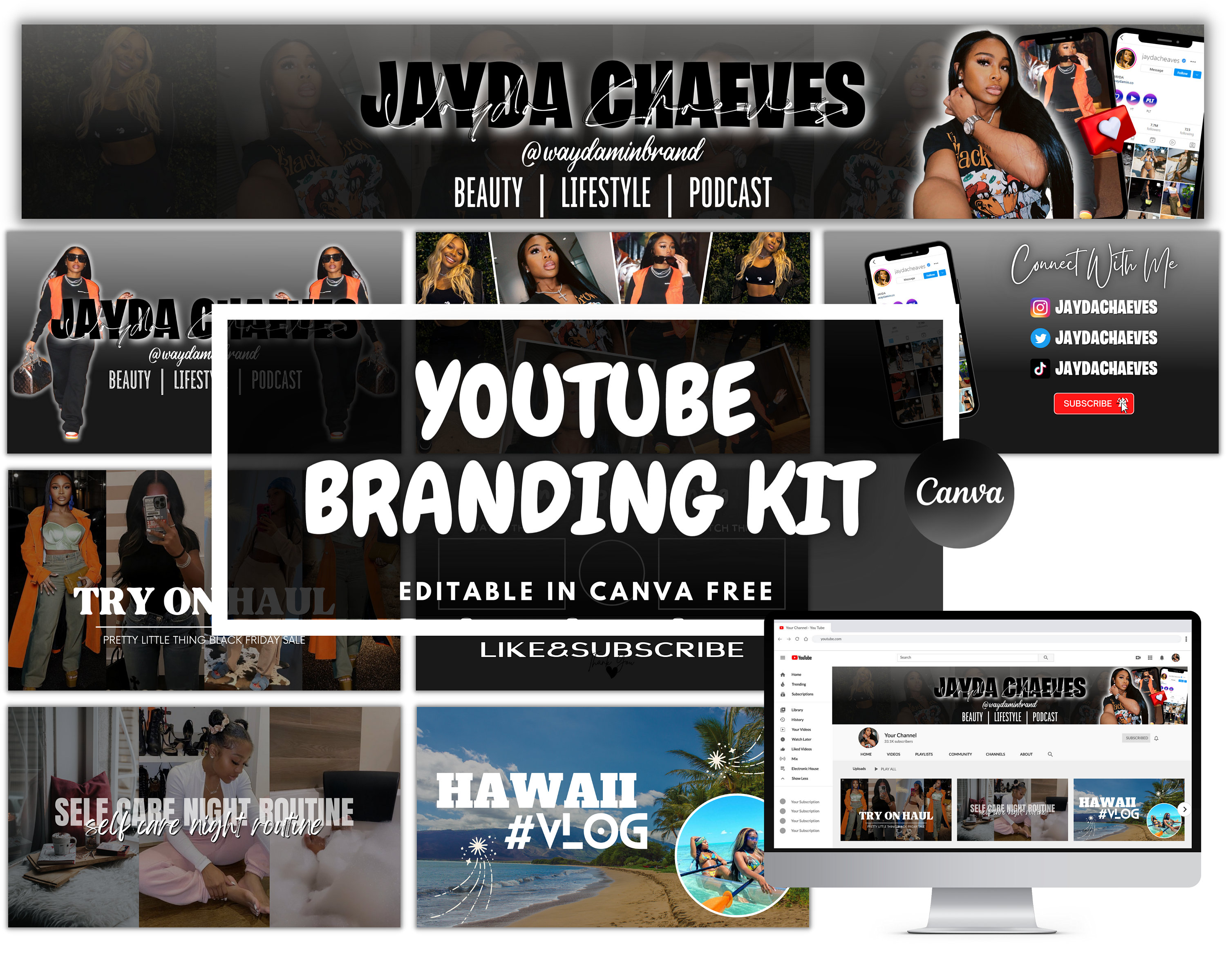 TRENDY Youtube Branding Kit | Editable Banner, Intro & Outro and Thumbnails | Editable Canva Template