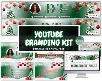 May include: A green and white YouTube branding kit with a winter theme. The kit includes a banner, end screen, and intro screen. The banner features a woman with long black hair and a green background with snowflakes and red ornaments. The end screen features a green background with a white tree and red ornaments. The intro screen features a green background with a white tree and red ornaments. The text "De'arra Taylor" is featured on the banner and end screen. The text "YouTube Branding Kit" is featured on the intro screen. The text "Editable in Canva Free" is featured on the intro screen.
