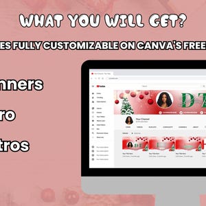 May include: A computer monitor displays a YouTube channel banner with a Christmas theme. The screen shows a banner, intros, and outros. Text on the screen reads "WHAT YOU WILL GET?" and "TEMPLATES FULLY CUSTOMIZABLE ON CANVA'S FREE VERSION". The image also lists "4 Banners", "2 Intro", and "3 Outros".