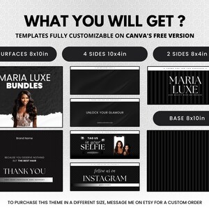 May include: A black and white graphic design for a hair bundle theme. The design includes the text "WHAT YOU WILL GET?" and "MARIA LUXE BUNDLES". The design also includes the dimensions of the templates in inches.