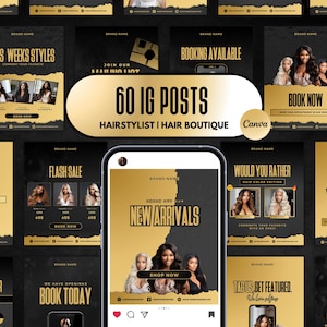 60 HAIR IG Canva Templates | Hairstylist Hair Boutique Branding Kit | Luxury Gold & Black Instagram Flyers |  | Hair Bundle Posts