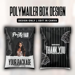 Wig Polymailer Box Design | Lace Front Wig & Packaging Bundles Hair Package | Black Theme | Diy Custom Box Design | Canva Template