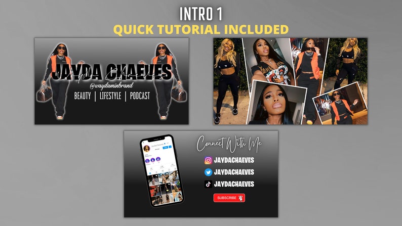 May include: A black and white banner with the text "JAYDA CHAEVES" in bold white letters. The text "@waydaminbrand" is in smaller white letters below the name. The text "BEAUTY | LIFESTYLE | PODCAST" is in white letters below the brand name. A woman is walking in the background wearing a black outfit and a bright orange vest. She is carrying a brown leather suitcase. The banner is on a gray background.