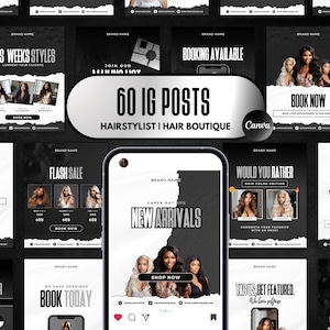 60 HAIR IG Canva Templates | Hairstylist Hair Boutique Branding Kit | Luxury Black and White Instagram Flyers |  | Hair Bundle Posts