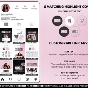 May include: A pink and black Instagram highlight cover template with the text "5 Matching Highlight Covers" and "You Can Edit The Text". The template includes five different highlight covers with the text "Booking", "FAQ", "New", "Reviews", and "Policies". The template is customizable in Canva and includes instructions for editing the text, image, and background.