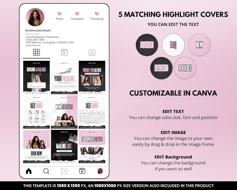 May include: A pink and black Instagram highlight cover template with the text "5 Matching Highlight Covers" and "You Can Edit The Text". The template includes five different highlight covers with the text "Booking", "FAQ", "New", "Reviews", and "Policies". The template is customizable in Canva and includes instructions for editing the text, image, and background.
