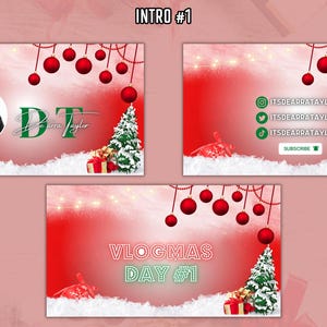 May include: A festive Christmas-themed graphic with a red and white background. The design includes Christmas ornaments, a Christmas tree, and gift boxes. The text "INTRO #1" and social media handles are also visible.