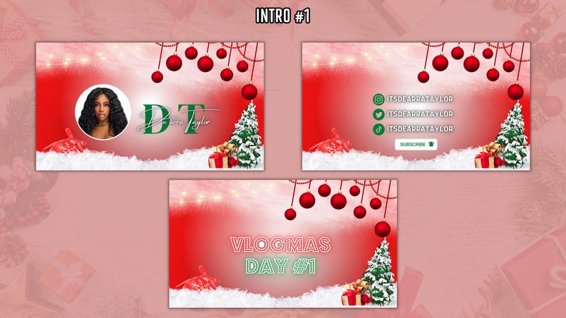 May include: A festive Christmas-themed graphic with a red and white background. The design includes Christmas ornaments, a Christmas tree, and gift boxes. The text "INTRO #1" and social media handles are also visible.