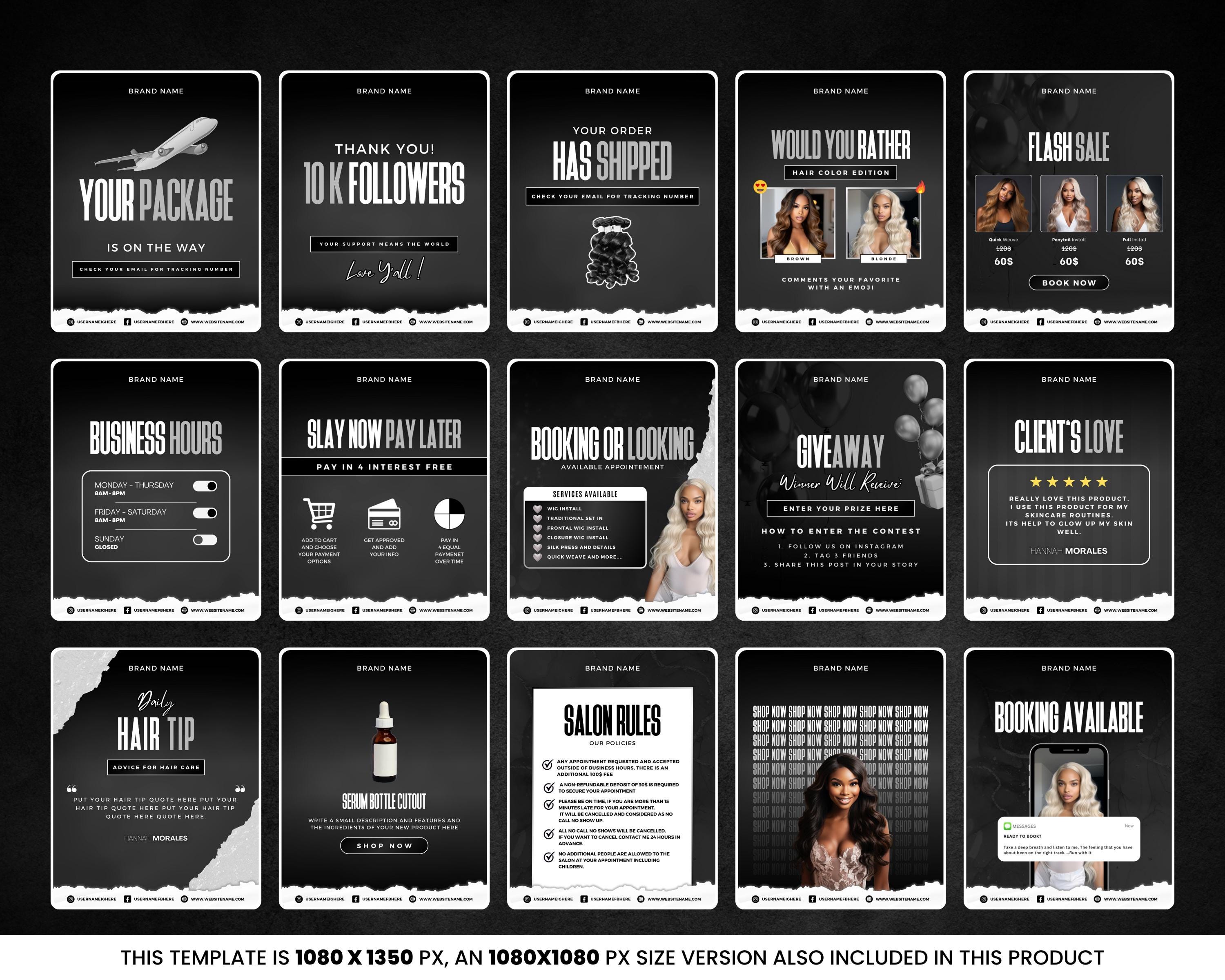 Hair IG Templates | Black and White Instagram Posts (canva) - Etsy
