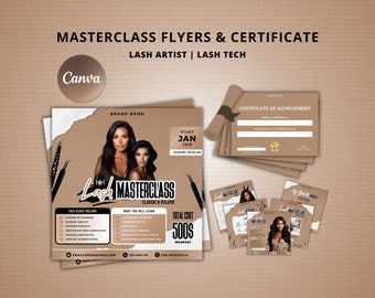 Lash Class Flyer | Masterclass Lash Training Course |  Brown Lash Instagram Posts Bundle | Certificate of Completion | Canva Templates