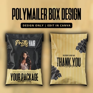 Wig Polymailer Box Design | Lace Front Wig & Packaging Bundles Hair Package | Gold and Black Theme | Diy Custom Box Design | Canva Template