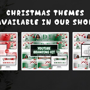 May include: Three YouTube branding kits with Christmas themes. Each kit includes a banner, profile picture, and other elements. The text "CHRISTMAS THEMES AVAILABLE IN OUR SHOP" is displayed at the top.