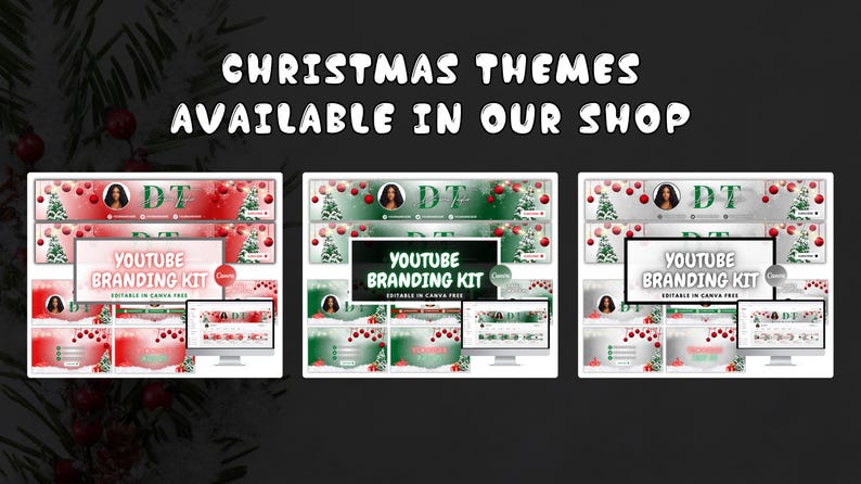 May include: Three YouTube branding kits with Christmas themes. Each kit includes a banner, profile picture, and other elements. The text "CHRISTMAS THEMES AVAILABLE IN OUR SHOP" is displayed at the top.