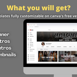 May include: A computer screen displaying a YouTube channel page with a banner, thumbnails, and a profile picture. The channel name is "Jayda Chaeves" and the channel description is "Beauty | Lifestyle | Podcast". The thumbnails show videos titled "Try On Haul", "Self Care Night Routine", and "Hawaii #VLOG".