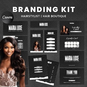 Könnte beinhalten: Branding-Kit für einen Friseur oder ein Friseurgeschäft mit dem Namen "MARIA LUXE" in weißer Schrift auf schwarzem Hintergrund. Das Kit enthält ein Logo, Visitenkarten, eine Treuekarte, eine Preisliste und eine Dankeskarte.