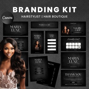 Kit de Marca de Cabelo | Kit de marca de cabeleireiro e boutique de cabelo | Tema de luxo escuro | Cartão imprimível Negócios de extensões de cabelo | Modelo de tela