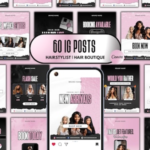 60 HAIR IG Canva Templates | Hairstylist Hair Boutique Branding Kit | Luxury Pink Black White Instagram Flyers |  | Hair Bundle Posts