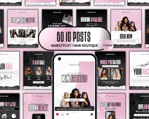 60 HAIR IG Canva Templates | Hairstylist Hair Boutique Branding Kit | Luxury Pink Black White Instagram Flyers |  | Hair Bundle Posts
