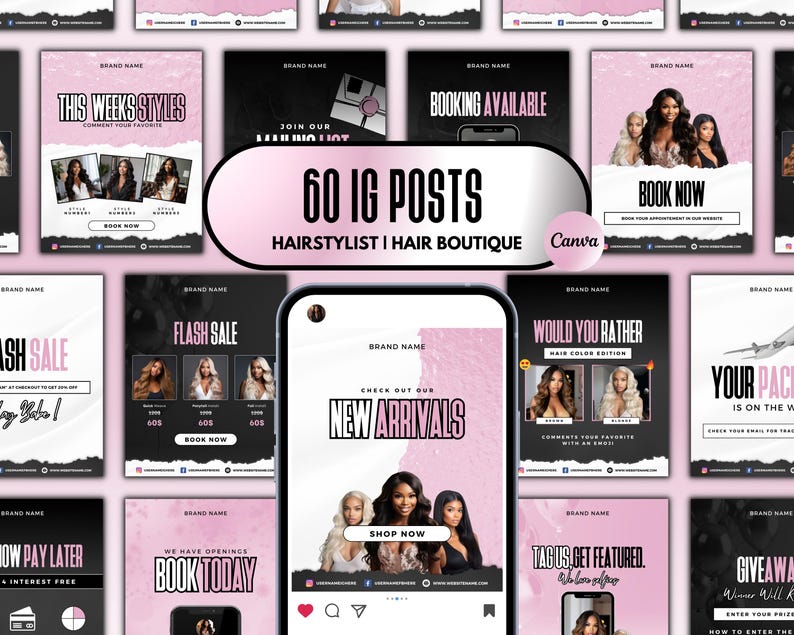 May include: A collection of 60 Instagram post templates for hairstylists and hair boutiques. The templates feature a variety of designs, including images of women with different hairstyles, text overlays, and calls to action. The templates are designed to help businesses promote their services and products on social media.