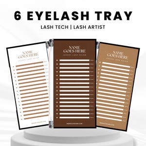 Puede incluir: Tres bandejas de extensiones de pestañas con el texto "6 EYELASH TRAY" y "LASH TECH | LASH ARTIST". Cada bandeja tiene una combinación de colores diferente: blanco y marrón, marrón y beige. Cada bandeja tiene el texto "NAME GOES HERE" y "LUXURY LASH SALON".