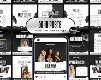 60 HAIR IG Canva Templates | Hairstylist Hair Boutique Branding Kit | Luxury Black and White Instagram Flyers |  | Hair Bundle Posts