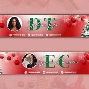 May include: Christmas-themed banner design with a red and white gradient background. Features portraits, green text, Christmas trees, red ornaments, and social media icons. Includes the names Dearra Taylor and Emma Chamberlain.