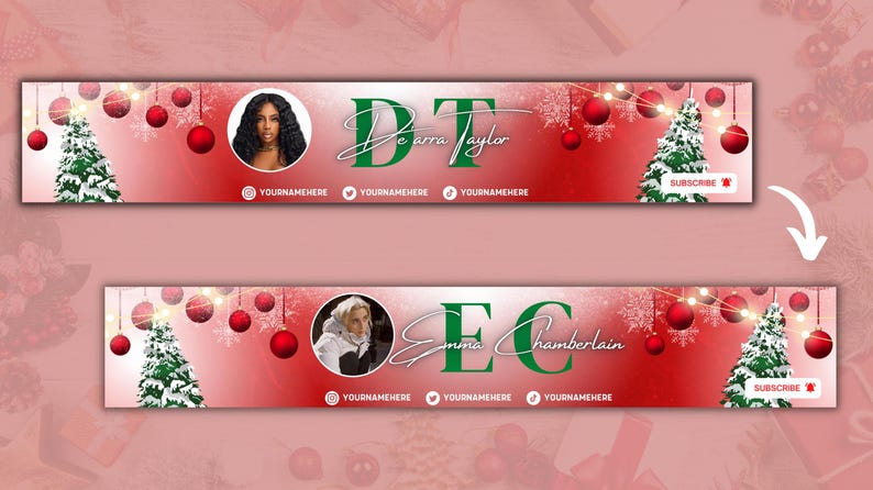 May include: Christmas-themed banner design with a red and white gradient background. Features portraits, green text, Christmas trees, red ornaments, and social media icons. Includes the names Dearra Taylor and Emma Chamberlain.