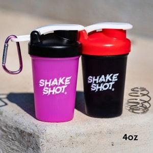 Shake Shot- 4oz. Pre-Workout & Small Scoop Supplement Shaker Bottle. Shaker Ball and Clip Included. 2 Colors.