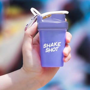 Shake Shot- 4oz. Pre-Workout & Small Scoop Supplement Shaker Bottle. Shaker Ball and Clip Included. Purple