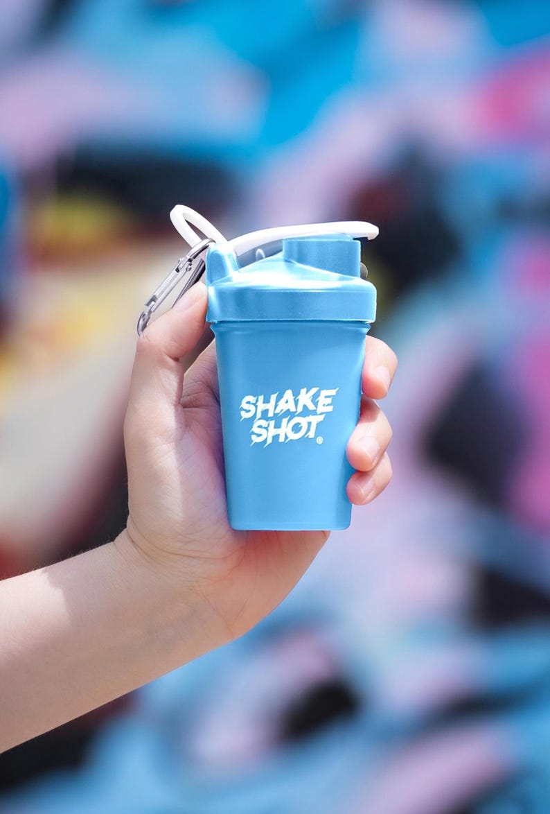 Shake Shot Blue 4oz Mini Supplement Shaker Bottle with Clip & Shaker Ball image 1