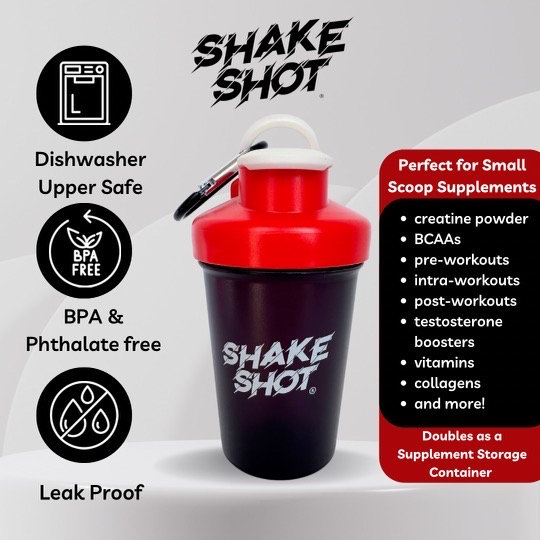 Shake Shot 4oz. Pre-workout & Small Scoop Supplement Shaker Bottle. Shaker  Ball and Clip Included. 2 Colors. 