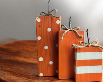 Wooden Pumpkin Decoration Set-- Orange and White