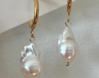Baroque Pearl Dangle Earrings: 14K Gold Plated Hooks
