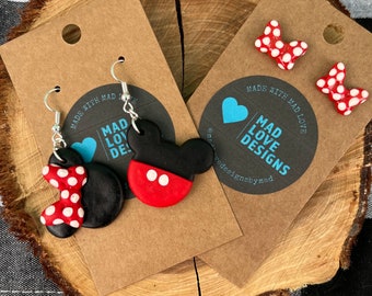 Mickey and Minnie Mouse Earrings: Handmade Polymer Clay Dangle and Stud Set