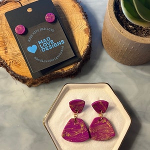 Violet & Gold Leaf Marble | Polymer Clay | Handmade Artisanal | Dangle and Stud Earrings | Matching Sets | Gifts for Her