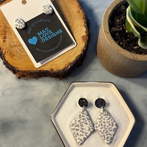 Grey Leopard Print | Diamond | Polymer Clay | Handmade Artisanal | Dangle and Stud Earrings | Matching Sets | Gifts for Her