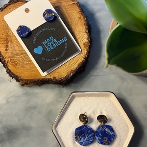 Blue White & Gold Leaf Marble | Geometric Hexagon | Polymer Clay | Handmade Artisanal | Dangle Stud Earrings | Matching Sets | Gifts for Her