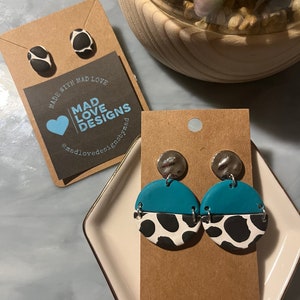 Cow Print & Teal | Rodeo | Polymer Clay | Handmade Artisanal | Dangle and Stud Earrings | Matching Sets | Gifts for Her