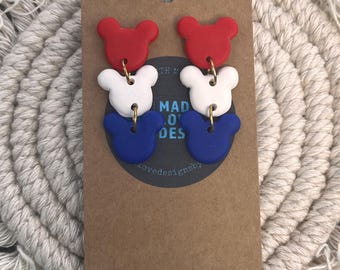 Patriotic Mouse | Polymer Clay | Handmade Artisanal | Dangle Earrings | Gifts for Her (Gold)