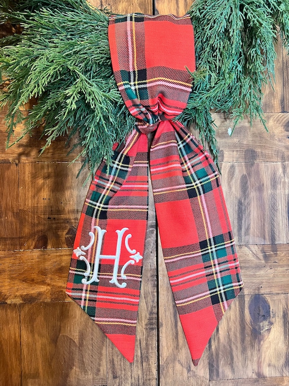 Plaid Christmas Wreath Sash with Monogram l Holiday Wreath Scarf