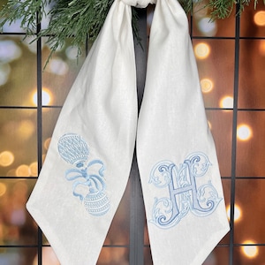 Personalized Baby Boy Wreath Sash: Blue Rattle, Linen-Cotton Monogram
