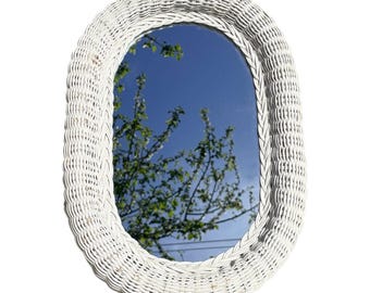 Vintage Oval White Wicker Framed Wall Mirror