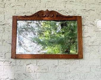 Antique Oak Framed Beveled Wall Mirror