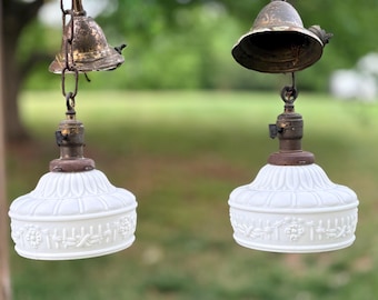 Pair of Antique Vintage Milk Glass Schoolhouse Hanging Pendant Lights