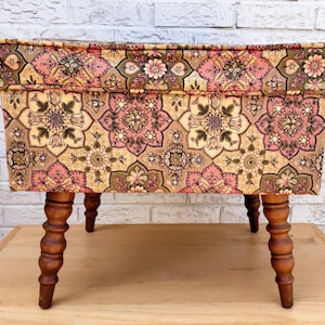 Vintage Footed Sewing Box Stool Organization for Sewing Supplies Fabric Covered Ottoman