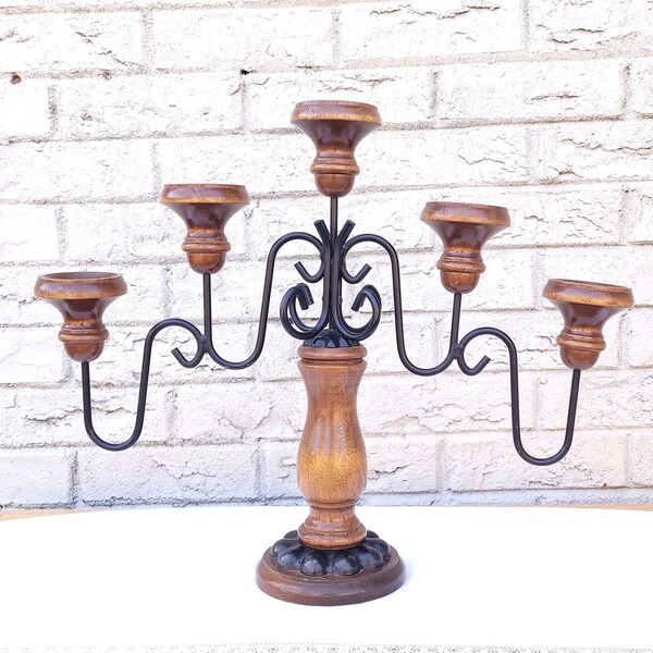 Vintage Wood and Iron 5 Arm Candelabra