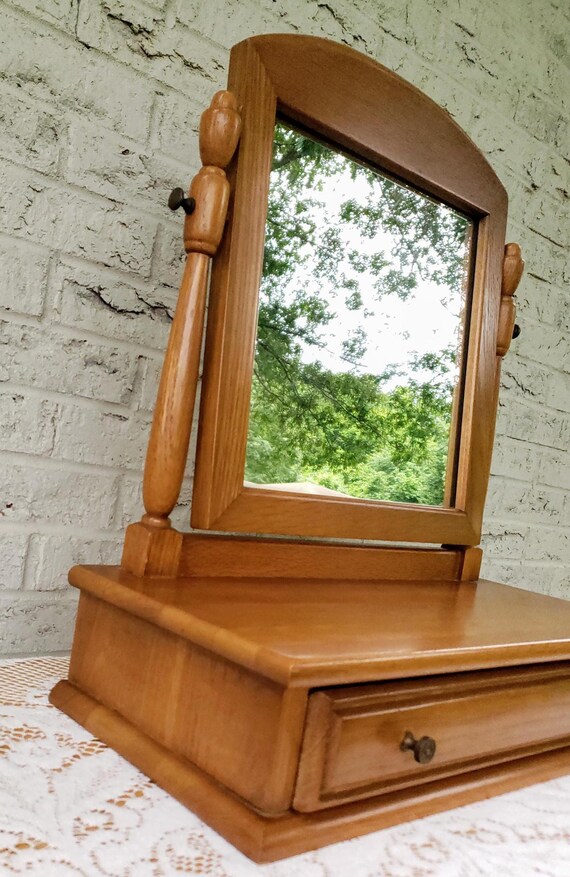 Vintage Wooden Tabletop Dressing Mirror with Drawer Freestanding Shaving Mirror